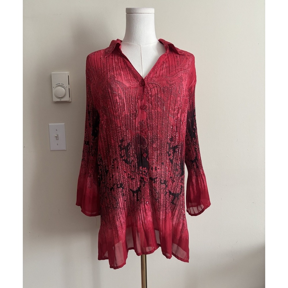 Fashion Bug Womens Plus Size 1X Button Up Shirt Red Black Y2K Whimsigoth Pleated